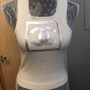 Cute, CHANEL cream tank top with “worn” logo look